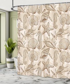 Exotic Marine Animals Shower Curtain, Retro Style Shells Starfish Seahorse Print for Bathroom Decor, Eggshell Brown White