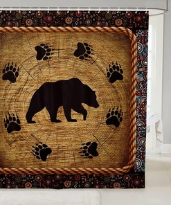 Exotic Patchwork Bath Curtain with Vintage Red Brown Tribal Boho Bear Silhouette for Bathroom Decor 