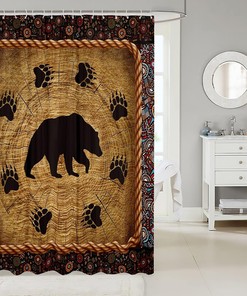 Exotic Patchwork Bath Curtain with Vintage Red Brown Tribal Boho Bear Silhouette for Bathroom Decor