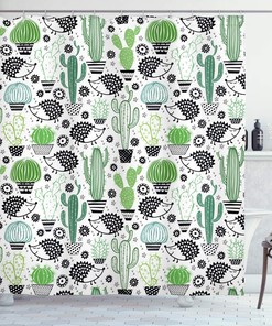 Exotic Plant Shower Curtain, Saguaro Prickly Pear Succulents Spikes Arrangement Hand Painted Style Print for Bathroom Decor, Multicolor
