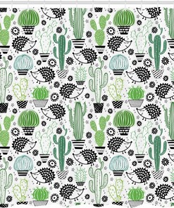 Exotic Plant Shower Curtain, Saguaro Prickly Pear Succulents Spikes Arrangement Hand Painted Style Print for Bathroom Decor, Multicolor