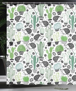 Exotic Plant Shower Curtain, Saguaro Prickly Pear Succulents Spikes Arrangement Hand Painted Style Print for Bathroom Decor, Multicolor
