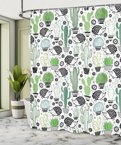 Exotic Plant Shower Curtain, Saguaro Prickly Pear Succulents Spikes Arrangement Hand Painted Style Print for Bathroom Decor, Multicolor