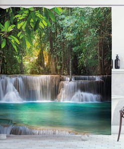 Exotic Trees Landscape - Blue & Green Waterfall Shower Curtain, Heavenly Bathroom Decor