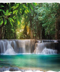 Exotic Trees Landscape - Blue & Green Waterfall Shower Curtain, Heavenly Bathroom Decor
