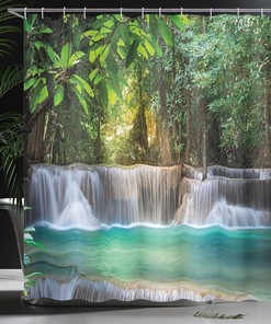 Exotic Trees Landscape - Blue & Green Waterfall Shower Curtain, Heavenly Bathroom Decor