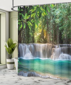 Exotic Trees Landscape - Blue & Green Waterfall Shower Curtain, Heavenly Bathroom Decor