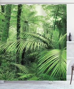 Exotic Tropical Jungle Rainforest Shower Curtain with Palm Trees and Plants Print Bathroom Decor