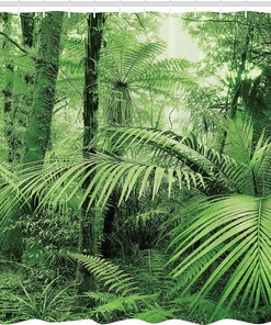 Exotic Tropical Jungle Rainforest Shower Curtain with Palm Trees and Plants Print Bathroom Decor