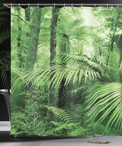 Exotic Tropical Jungle Rainforest Shower Curtain with Palm Trees and Plants Print Bathroom Decor