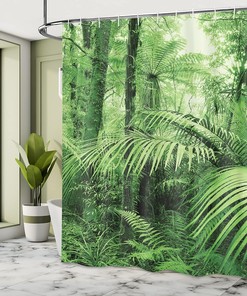 Exotic Tropical Jungle Rainforest Shower Curtain with Palm Trees and Plants Print Bathroom Decor