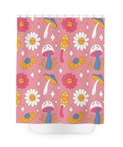 Extra Long Pink Mushroom and Daisy Boho Shower Curtain Set