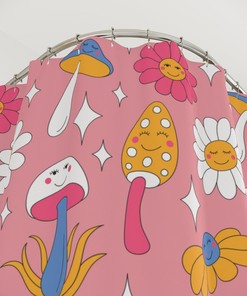 Extra Long Pink Mushroom and Daisy Boho Shower Curtain Set