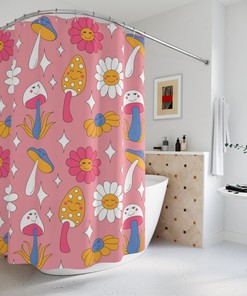 Extra Long Pink Mushroom and Daisy Boho Shower Curtain Set