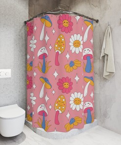 Extra Long Pink Mushroom and Daisy Boho Shower Curtain Set
