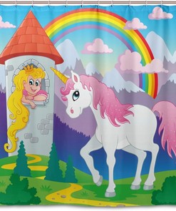 Fairy Tale Girl Unicorn Rainbow Shower Curtain for Magical Bathroom Decor