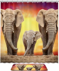 Family Elephant Waterproof Shower Curtain for African Safari Bathroom Decor 