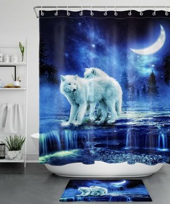 Fantasy Night Sky Moon White Wolf Shower Curtain for a Dreamy Bathroom Accessory