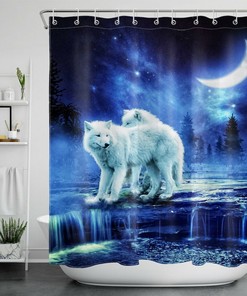 Fantasy Night Sky Moon White Wolf Shower Curtain for a Dreamy Bathroom Accessory