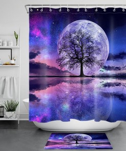 Fantasy Night Sky Shower Curtain with Moon Tree Hooks for a Dreamy Bathroom Accessory