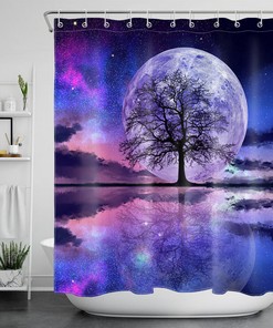 Fantasy Night Sky Shower Curtain with Moon Tree Hooks for a Dreamy Bathroom Accessory
