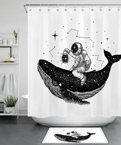 Fantasy Whale Astronaut Shower Curtain in Black and White for a Unique Bathroom Accessory