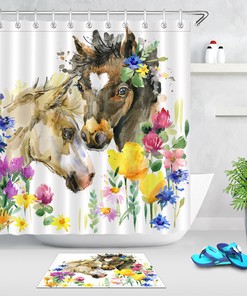 Farm Animal Watercolor Shower Curtain Cute Foal Little Horse Fabric Bathroom Decor