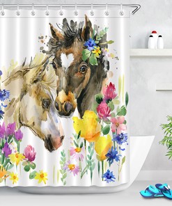 Farm Animal Watercolor Shower Curtain Cute Foal Little Horse Fabric Bathroom Decor