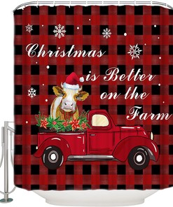 Farm Cattle Red Truck Snowflake Shower Curtain - Rustic Christmas Bathroom Decor