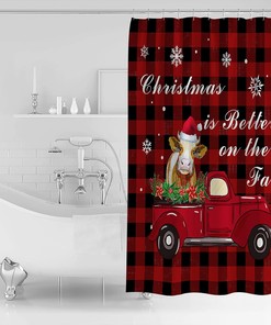 Farm Cattle Red Truck Snowflake Shower Curtain - Rustic Christmas Bathroom Decor