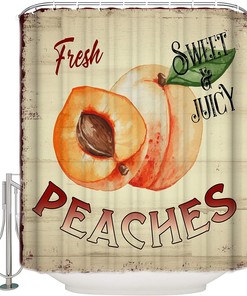 Farm Fresh Peaches Shower Curtain - Retro Wood Grain Bathroom Decor