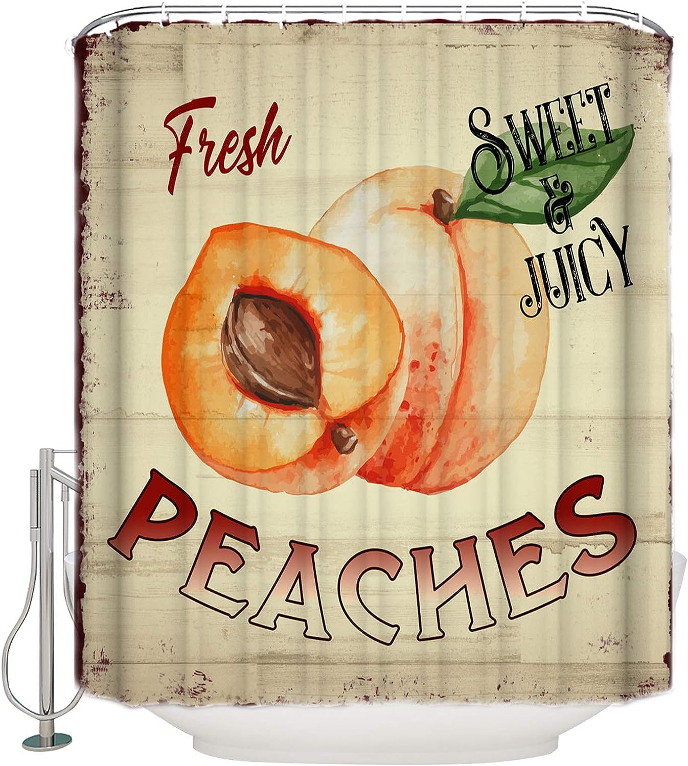Farm Fresh Peaches Shower Curtain - Retro Wood Grain Bathroom Decor