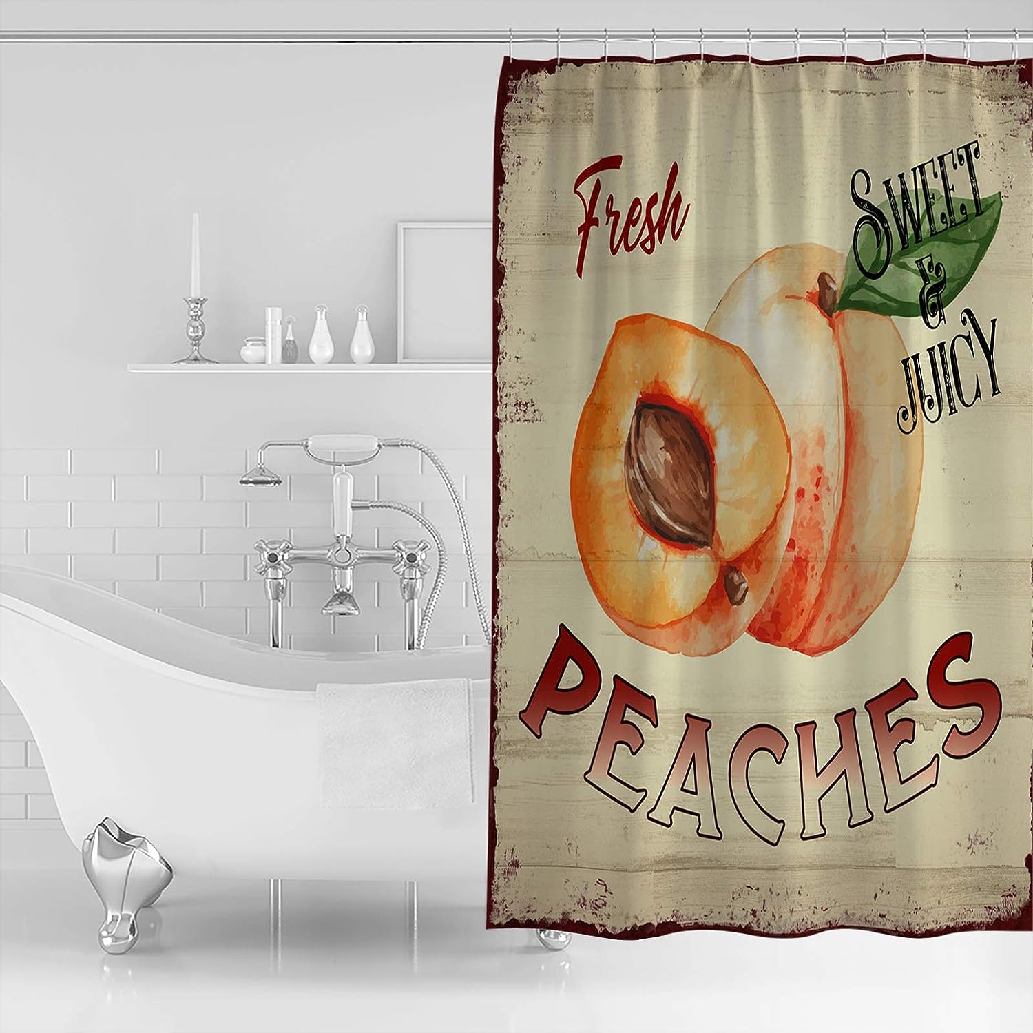 Farm Fresh Peaches Shower Curtain - Retro Wood Grain Bathroom Decor