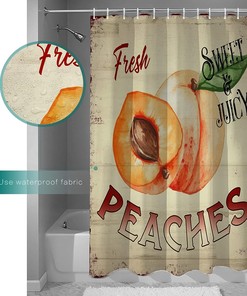 Farm Fresh Peaches Shower Curtain - Retro Wood Grain Bathroom Decor