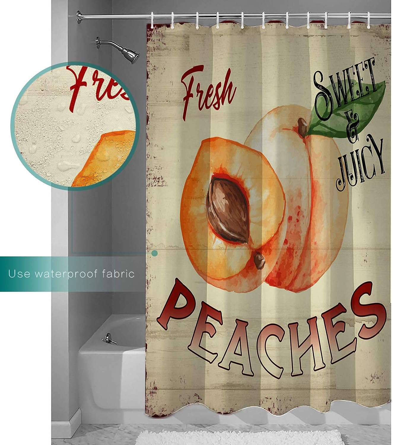 Farm Fresh Peaches Shower Curtain - Retro Wood Grain Bathroom Decor