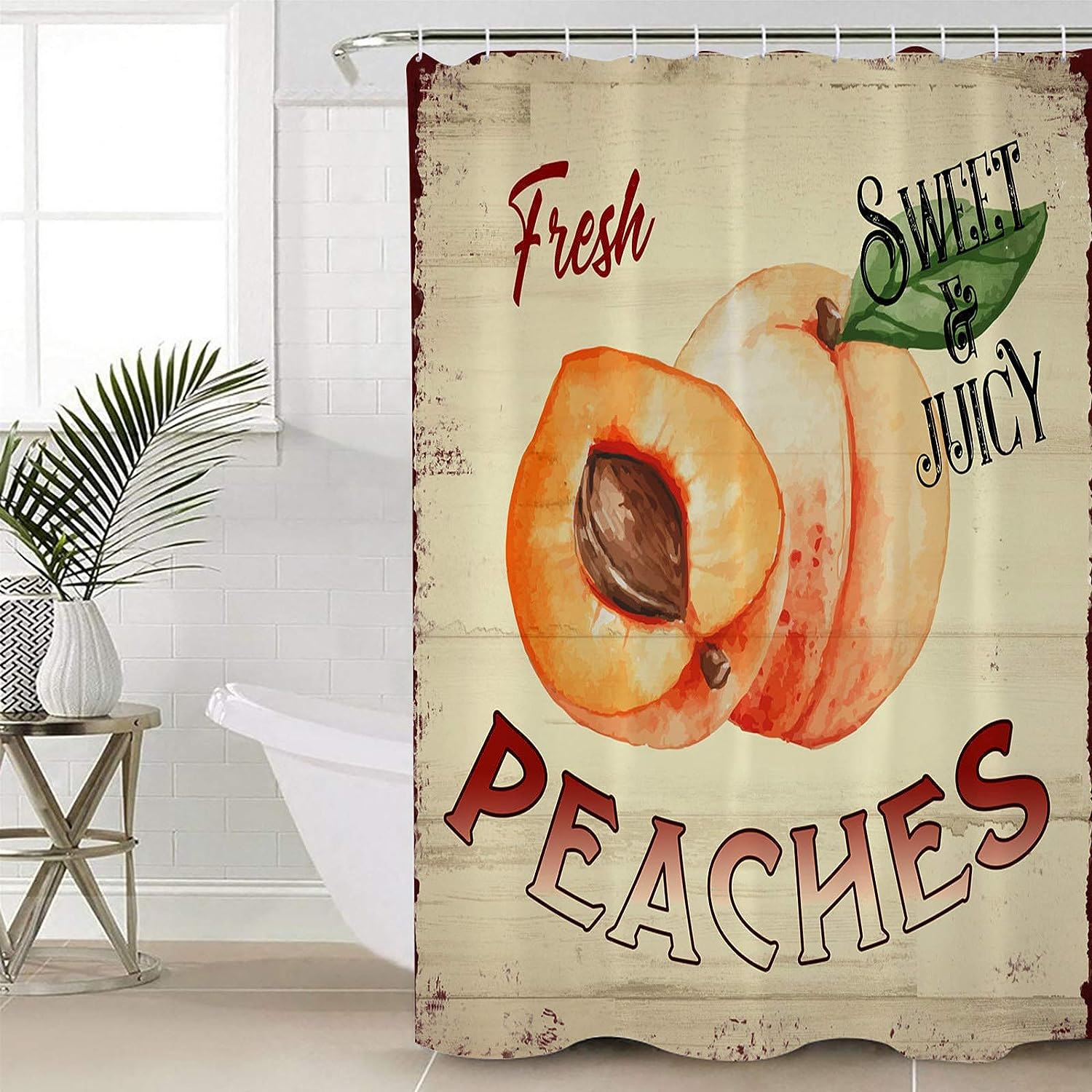 Farm Fresh Peaches Shower Curtain - Retro Wood Grain Bathroom Decor