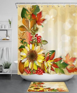 Farmhouse Style Autumn Shower Curtain featuring Colorful Maple Leaves and Pumpkins on Waterproof Fabric