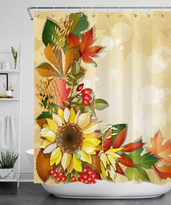 Farmhouse Style Autumn Shower Curtain featuring Colorful Maple Leaves and Pumpkins on Waterproof Fabric