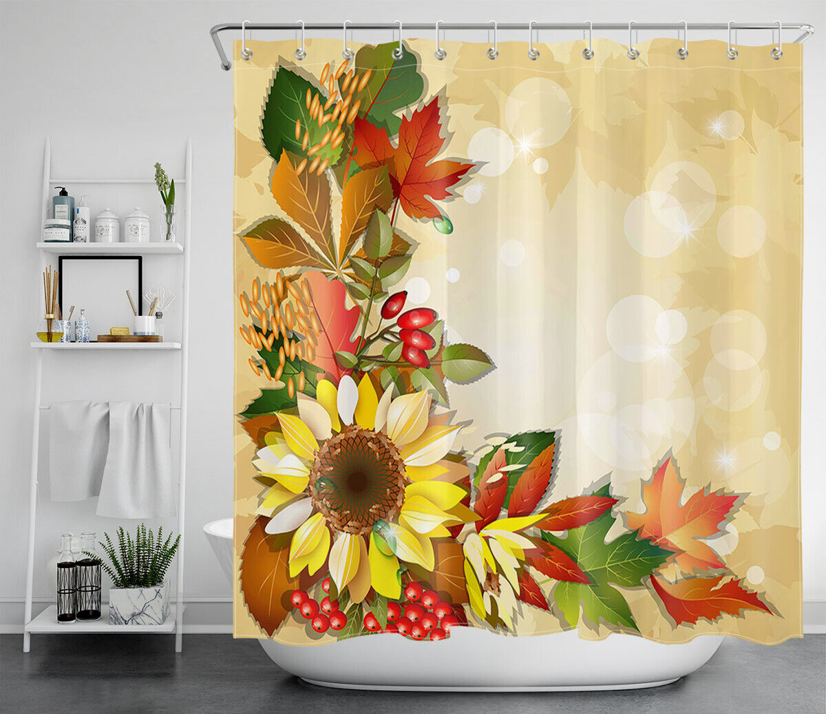 Farmhouse Style Autumn Shower Curtain featuring Colorful Maple Leaves and Pumpkins on Waterproof Fabric