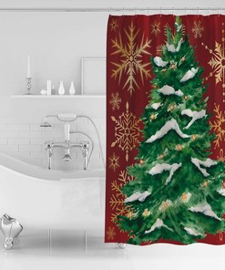 Farmhouse Xmas Tree Snowflake Red Shower Curtain - Farmhouse Christmas Bathroom Decor