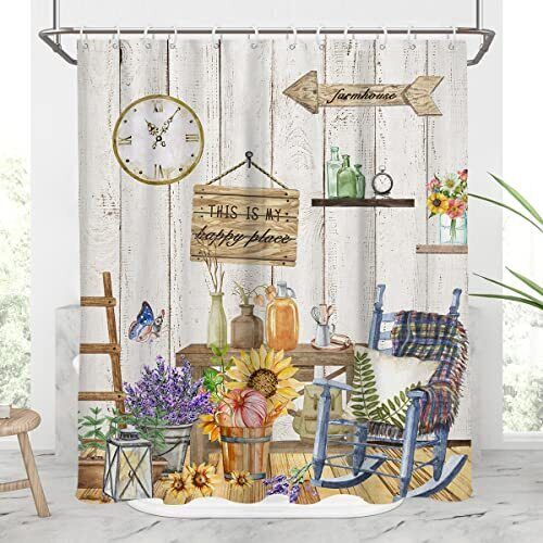 Farmhouse-Style Country Shower Curtain with Rustic Lavender Design - Perfect for Vintage Bathroom Decor