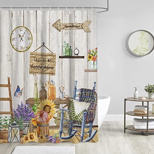 Farmhouse-Style Country Shower Curtain with Rustic Lavender Design - Perfect for Vintage Bathroom Decor