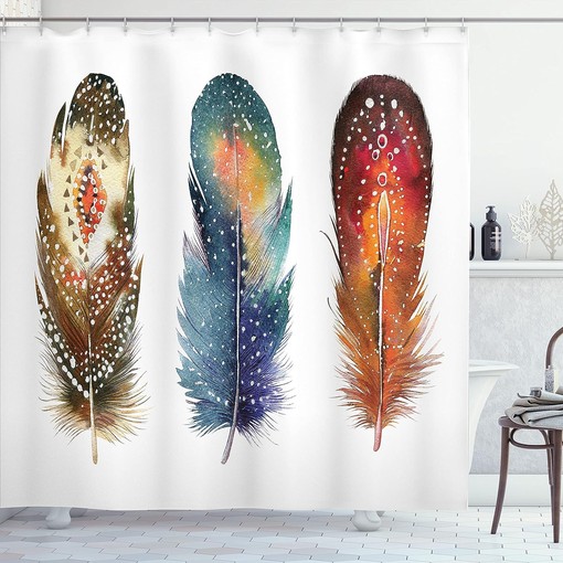 Feather Ornament Cloth Fabric Shower Curtain, Ceremonial Esoteric Design, Bathroom Decor