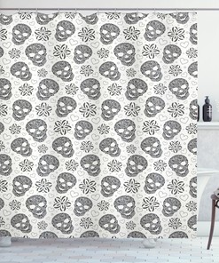 Feminine Skulls Daisies Hearts Art Printed Shower Curtain for Goth Bathroom