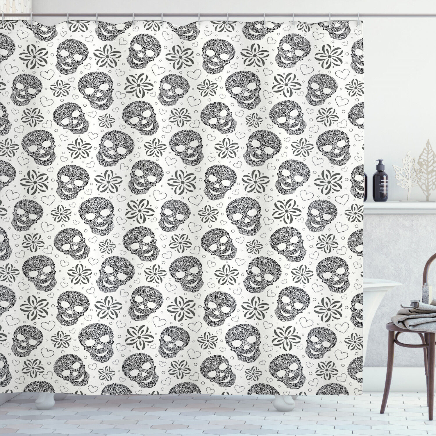 Feminine Skulls Daisies Hearts Art Printed Shower Curtain for Goth Bathroom