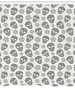 Feminine Skulls Daisies Hearts Art Printed Shower Curtain for Goth Bathroom