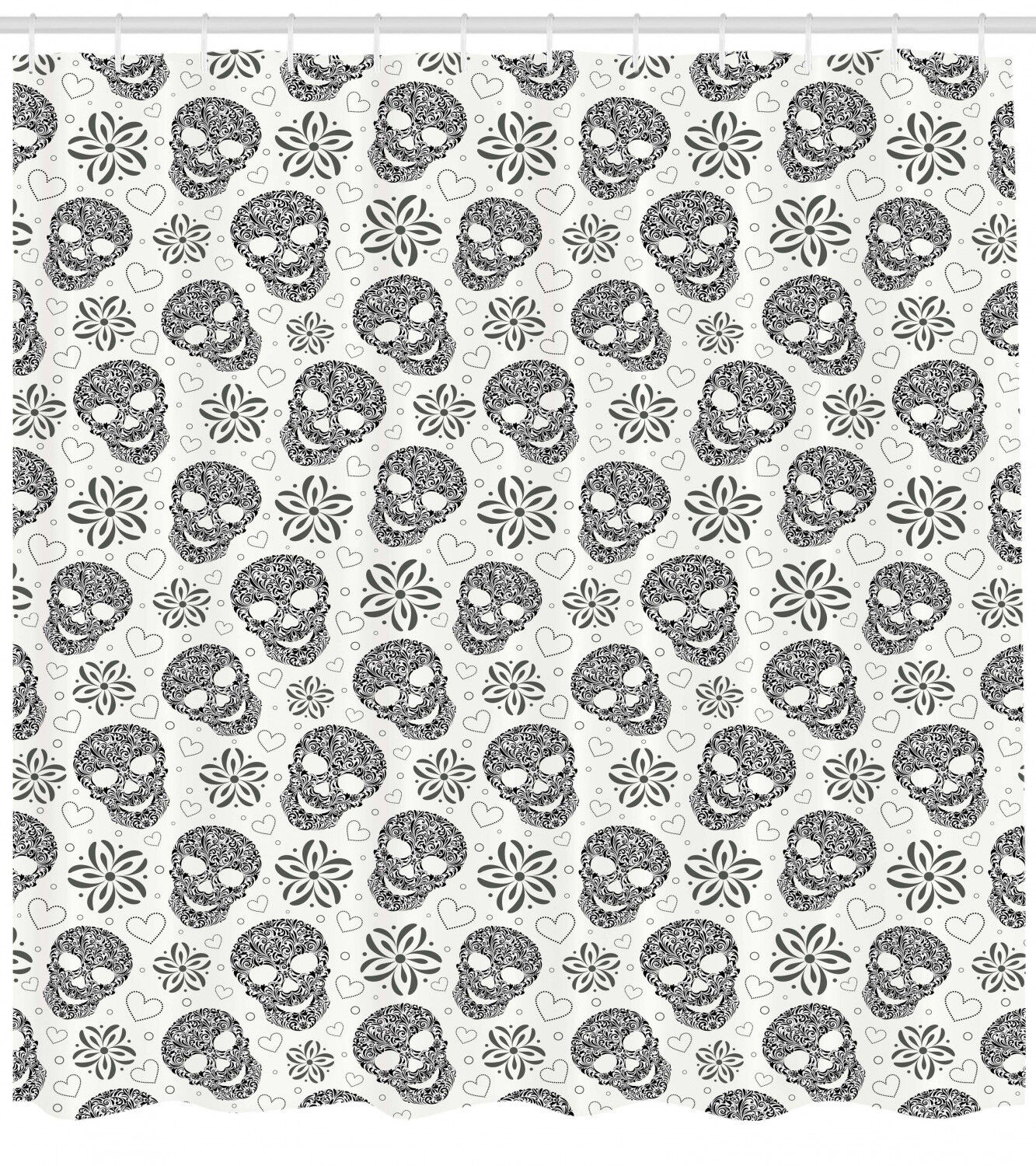 Feminine Skulls Daisies Hearts Art Printed Shower Curtain for Goth Bathroom