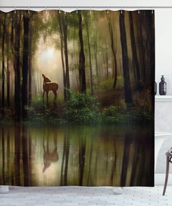 Fern Green Brown Cocoa Nature Shower Curtain with Deer in The Forest Reflection on Lake Graphic for a Woodland Bathroom Decor