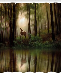 Fern Green Brown Cocoa Nature Shower Curtain with Deer in The Forest Reflection on Lake Graphic for a Woodland Bathroom Decor