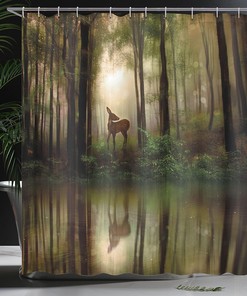 Fern Green Brown Cocoa Nature Shower Curtain with Deer in The Forest Reflection on Lake Graphic for a Woodland Bathroom Decor